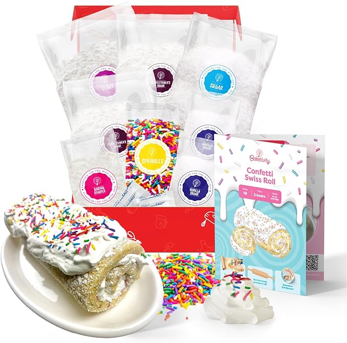 Confetti Swiss Roll Baking Kit For Kids 6-12 Real Jelly Roll Cake Making Set With Pre-Measured Ingredients Cake Decorating For Girls And Boys With Cream And Rainbow Sprinkles Kids Baking Gift Set