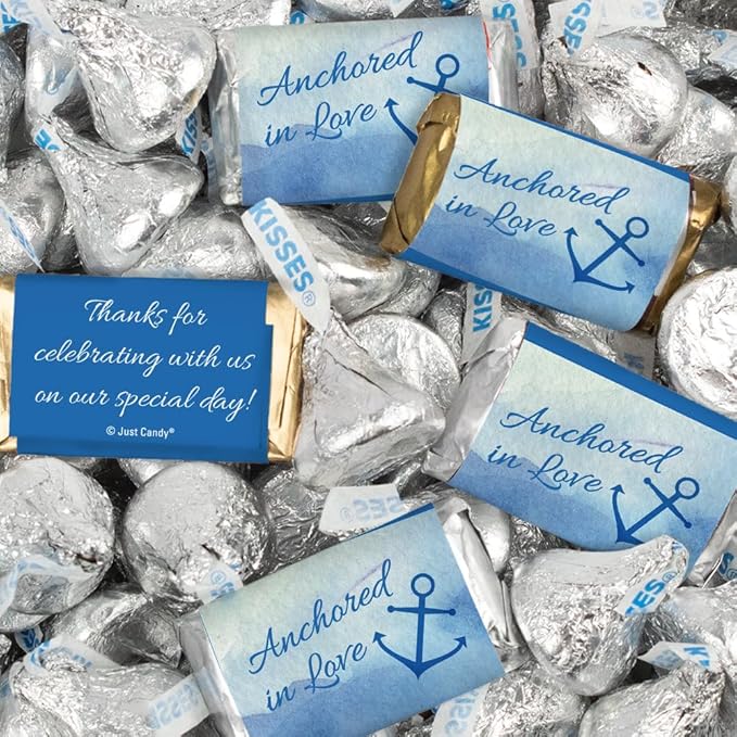 128 Pcs Personalized Wedding Candy Party Favors Wrapped Miniatures and Kisses (1.58 lbs) - Nautical
