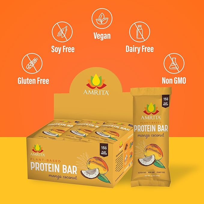 Amrita Nut Free Mango Coconut Vegan Protein Bars (12 Count PK of 3) | 11g Plant-Based Protein Bar | Peanut Free Gluten Free and Dairy Free | Low Sugar High Fiber Healthy School-Safe Snacks