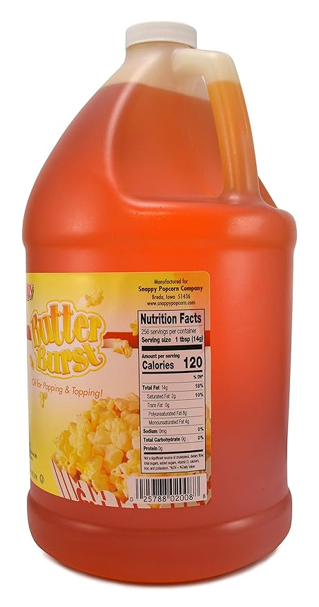 Snappy Butter Burst Popcorn Oil Movie Theater Butter Oil for Machines and Stovetops Naturally Colored with Beta Carotene 1 Gallon