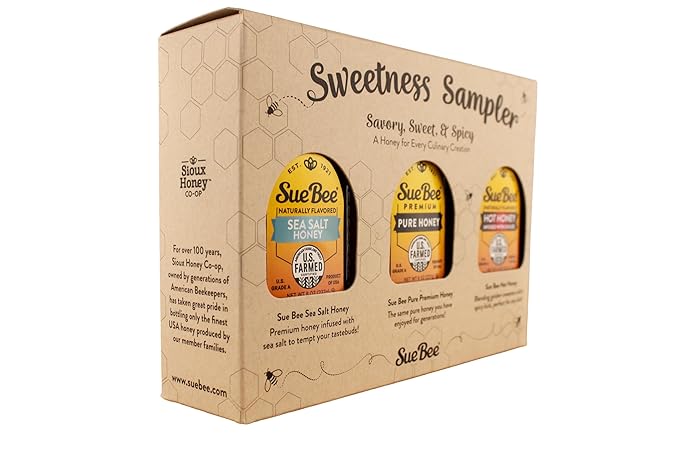 Sue Bee® Sweetness Sampler – 3 Pack Honey Gift Set | Original Hot &amp Sea Salt | Pure U.S. Farmed Certified | Gourmet Gift Set for Foodies Cooking Tea Charcuterie &amp Holiday Gifting 8 Ounce (