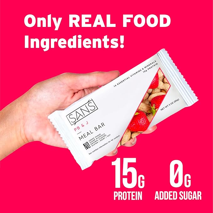 SANS Meal Replacement Protein Bar | All-Natural Nutrition Bar With No Added Sugar | Dairy-Free Soy-Free and Gluten-Free | Essential Vitamins and Minerals (Peanut Butter Lovers 12 Pack)