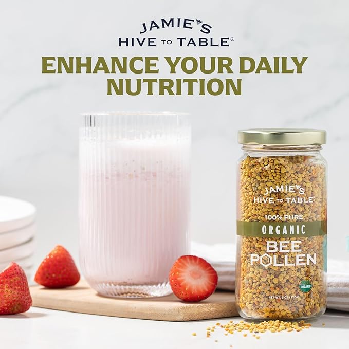 Jamie’s Hive to Table Organic Bee Pollen 6 oz - 100% Pure Raw &amp Natural Superfood Premium Quality Bee Pollen Granules for Energy Immunity Skin Health Antioxidants &amp Vitality Gluten Fre