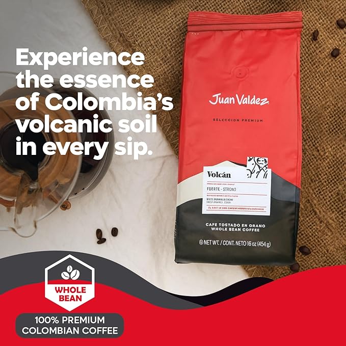 Juan Valdez Volcan Whole Bean Coffee - Dark Roast | 100% Colombian Arabica Beans | Premium Colombian Coffee with Low Acidity and Notes Of Sweet Caramel &amp Cocoa | 16 oz / 454 gr