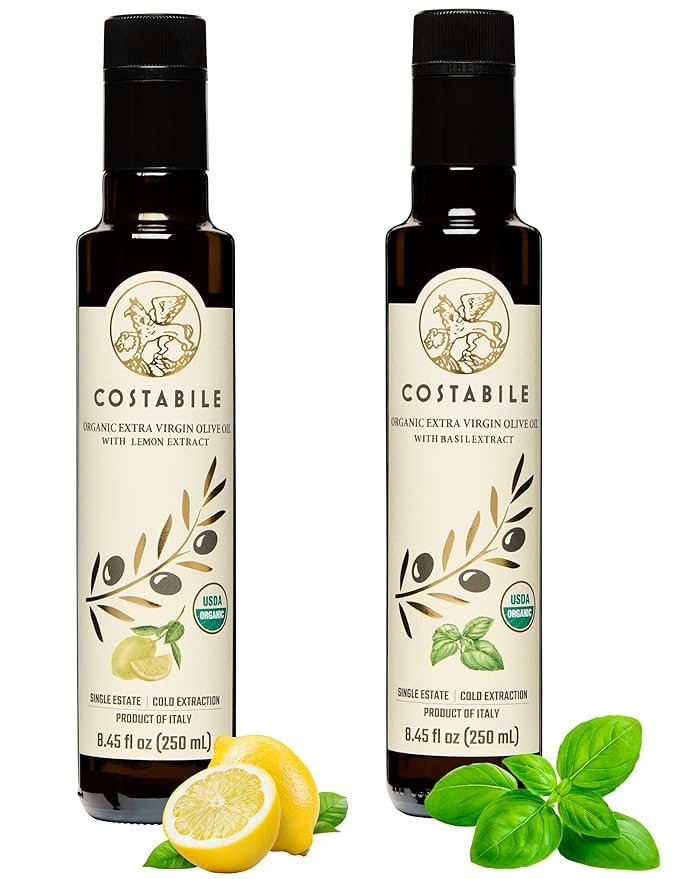 Basil infused &amp Lemon Infused Extra Virgin Olive Oil. All-natural olive oils. 100% Italian. COSTABILE