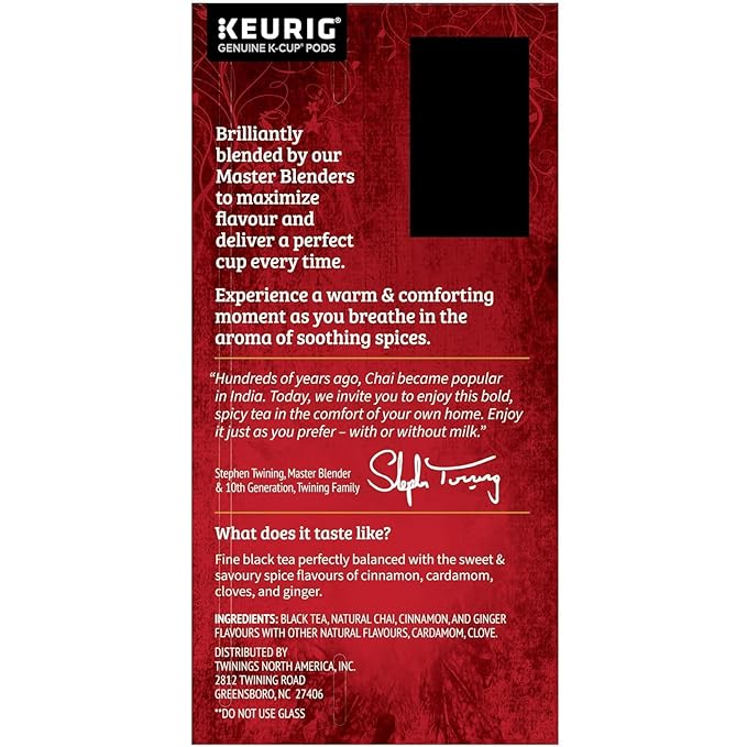 Twinings Chai Black Tea K-Cup Pods for Keurig 24 Count (Pack of 2) Naturally Sweet and Savoury Spice Flavours Caffeinated Enjoy Hot or Iced