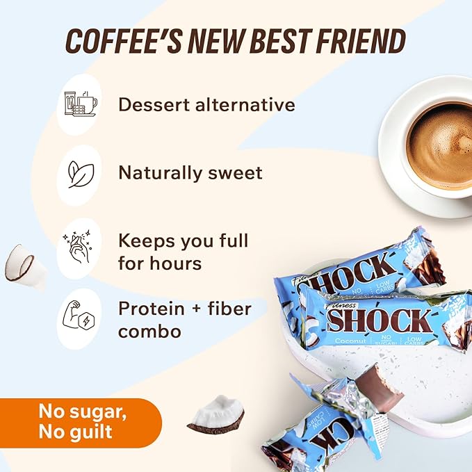 FitnesSHOCK Coconut Snack Bars – Low Sugar Snack Bar (1g Sugar 0g Added Sugar) – Dessert Alternative – Dark Chocolate &amp Coconut Flakes – 12 Count