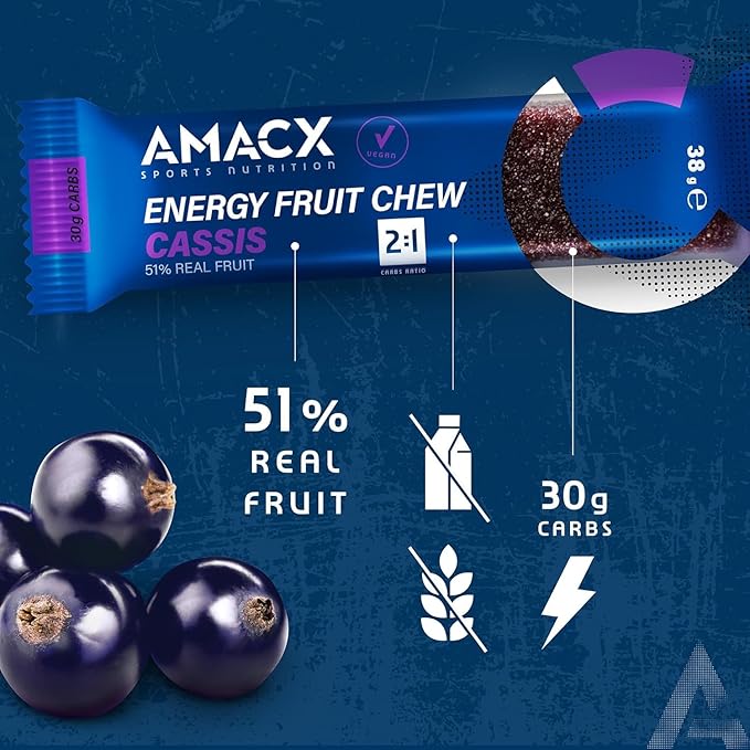 AMACX Fruit Chew Energy Bar – High Carb Running Fuel – 12 x 38g – Electrolyte Chews for Endurance Sports with 51% Fruit – Vegan Gluten &amp Lactose-Free – Sports Nutrition Running Chews – Cassis