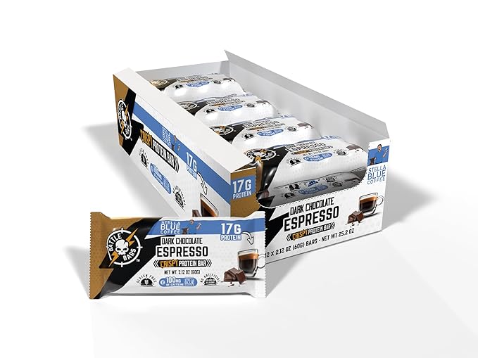 Battle Bars Crispy Protein Bar 17g Protein 100g Caffeine per serving - Gluten Free No Artificial Flavors or Colors - Veteran Founded - Dark Chocolate Espresso (60g) 12 Count