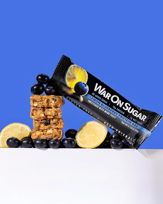 War on Sugar Lemon Blueberry - High Protein Bars No Sugar Added 15g Protein 7g Net Carbs Keto Friendly Gluten Free All-Natural Ingredients Monk Fruit Sweetened No Crash - 12 Count Box