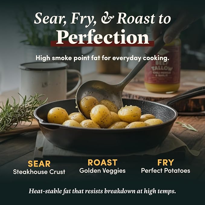 FOND Regenerative Grass-Fed Beef Tallow for Cooking – High Smoke Point Grass Fed Beef Tallow for Frying Sautéing &amp Roasting – Sustainably Sourced Seed Oil Free – Chili and Garlic 14oz (4-Pack)
