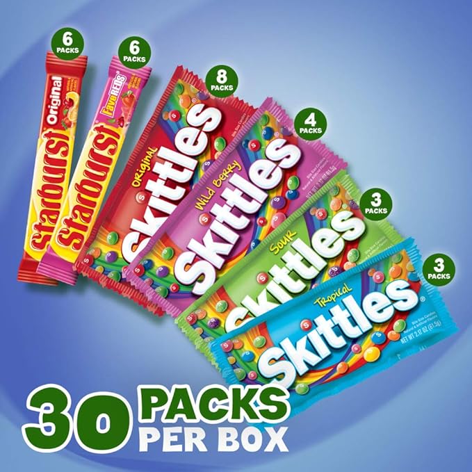 SKITTLES &amp STARBURST Variety Pack Full Size Chewy Candy Assortment 62.79 oz 30 Count (Pack of 2)
