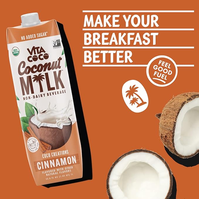 Vita Coco Cinnamon Organic Coconut Milk Plant Based Dairy Free Milk Alternative - Gluten Free Soy Free and Unsweetened - Perfect Add to Cereal Smoothies Desserts - 33.8 Fl Oz (Pack of 6)