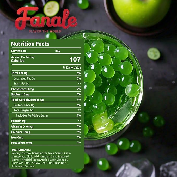 Fanale Green Apple Popping Boba Pearls Vegan Non GMO Gluten Free Fat Free Perfect for Bubble Tea Smoothies Ice Cream Desserts and Beverages.
