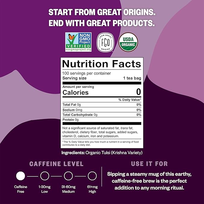 FGO Organic Tulsi Holy Basil Tea 100 Count Eco-Conscious Herbal Tea Bags Resealable Bag Caffeine Free Packaging May Vary (Pack of 1)