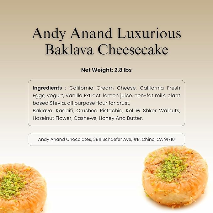 ANDY ANAND CHOCOLATIER Luxurious Baklava Cheesecake: Turkish Honey &amp California Cream Fusion - Gourmet 9-inch Dessert Delight 2.8 lbs