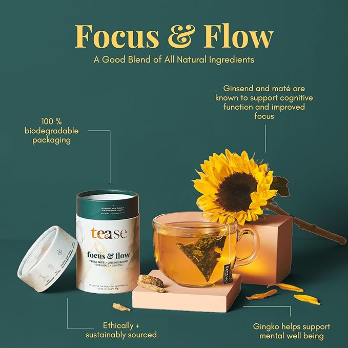 Tease Tea Yerba Mate - Focus &amp Flow Caffeinated Tea Brain Energy &amp Focus Blend with Yerba Mate Ginseng Ginkgo Spearmint &amp Citrus
