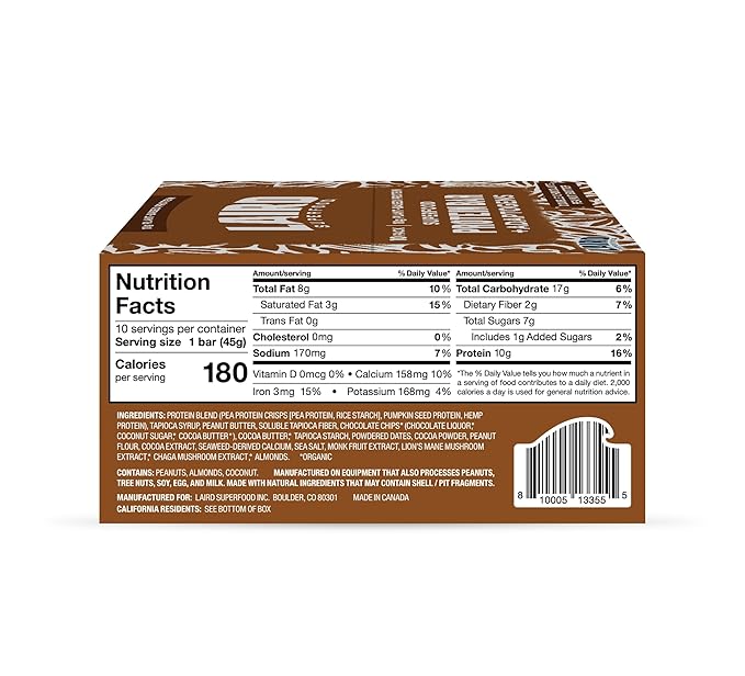 Laird Superfood Functional Protein Bars Protein Bar but Better with Real Ingredients Functional Mushrooms 10g Plant-Based Protein 6g Fiber Double Chocolate Peanut Butter 10 Count (Pack of 1)
