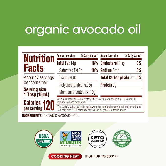 Nutiva Organic Steam-Refined Avocado Oil - Perfect for Cooking Frying Baking and Dressing - High-Heat Oil with Neutral Flavor - Great for Vegan Paleo and Keto Diet - Non-GMO - 24 Fl Oz