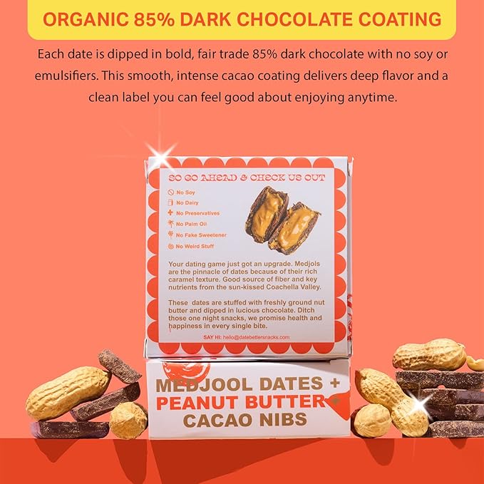 Date Better Peanut Butter Crunch Stuffed Medjool Dates - Dark Chocolate-Covered Dates Filled With Crunchy Peanut Butter &amp Cacao Nibs | No Artificial Sweeteners Gluten-Free &amp Vegan (6-Pack)