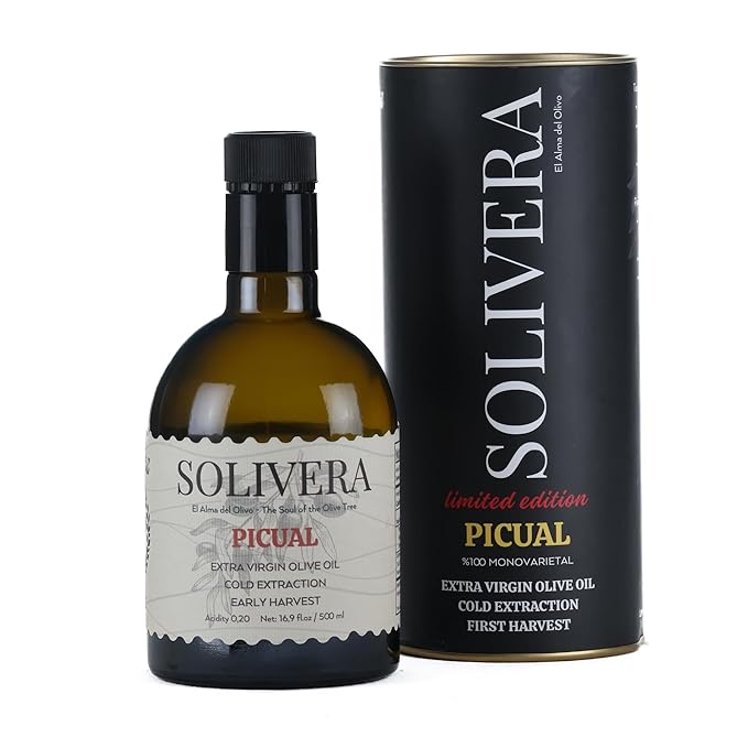 Solivera Picual Extra Virgin Olive Oil Cold Pressed – Bold &amp Peppery Flavor 500+ High Polyphenols and First Harvest Single-Origin Hand Picked Organic Olive Oil - 16.8 fl. oz. (Picual)