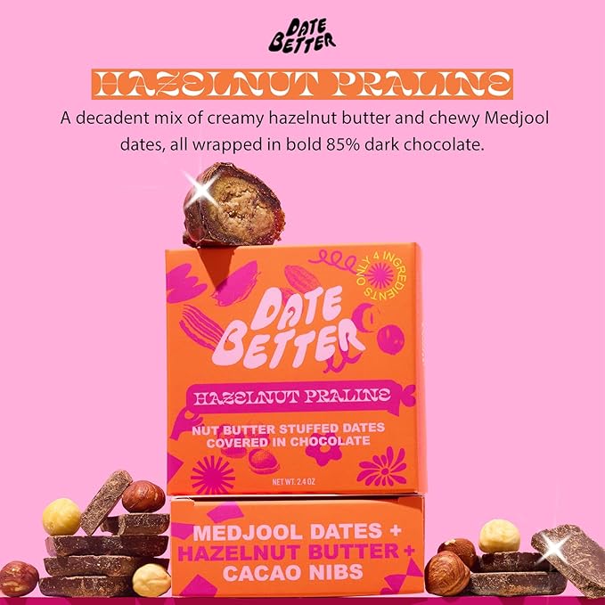 Date Better Hazelnut Praline Stuffed Medjool Dates - Dark Chocolate-Covered Dates Filled With Creamy Hazelnut Butter &amp Cacao Nibs | No Artificial Sweeteners Gluten-Free &amp Vegan (6-Pack)