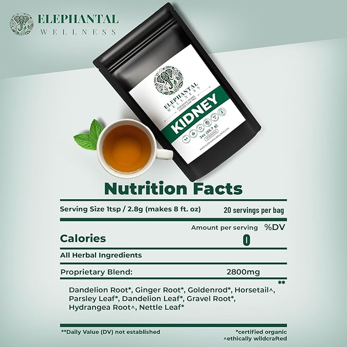 Elephantal Wellness Premium Kidney Herbal Tea | Urinary Tract &amp Kidney Support with Dandelion Gravel Root Goldenrod &amp Marshmallow | Handmade Caffeine-Free Non-GMO Loose Leaf Blend 2oz 20