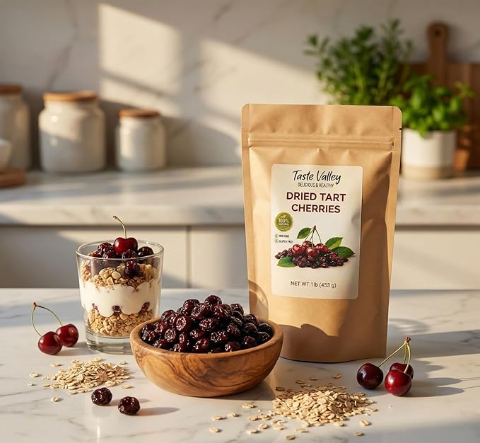 Taste Valley Dried Tart Cherries - 100% Natural Non-GMO Gluten Free - No Artificial Preservatives - Premium Montmorency Cherries for Snacking Baking &amp Cooking - 1 lb (453g)