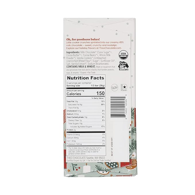 Theo Organic Milk &amp Cookies 45% Milk Chocolate Bars Fair Trade Kosher USDA Certified Organic Non-GMO 2.8 Ounce (Pack of 12)