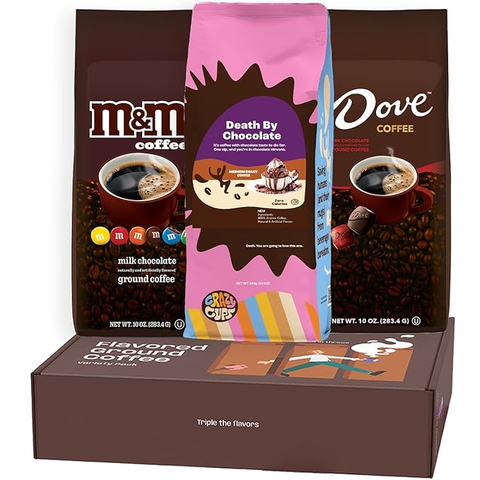 Perfect Samplers Flavored Ground Coffee Gift Box Variety Pack M&ampM Dove Death by Chocolate Coffee Medium Roast Ground Coffee Sampler 3 Pack