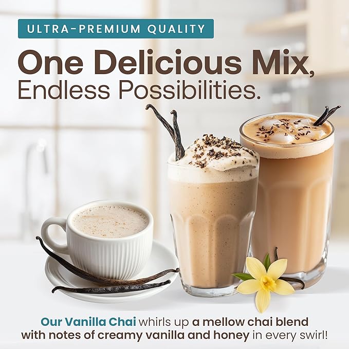 Dr. Smoothie Café Essentials Vanilla Chai – No Artificial Colors Flavors or Sweeteners – Shelf Stable – 58mg of Caffeine per Serving – Great for Hot Iced &amp Frozen Frappes (3.5 lb Bag 26 Servi