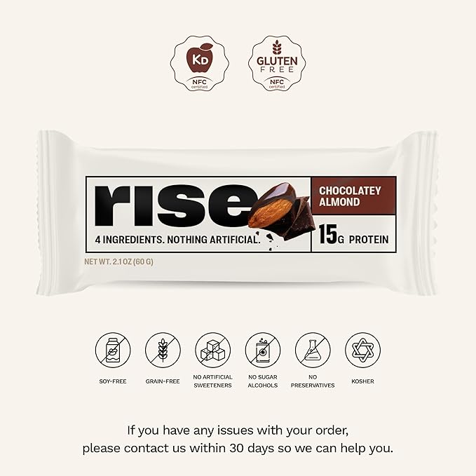 Rise Whey Protein Bars - Chocolatey Almond | Breakfast Bar &amp Protein Snack 15g Protein 5g Fiber Just 4 Whole Food Ingredients Gluten-Free Soy Free