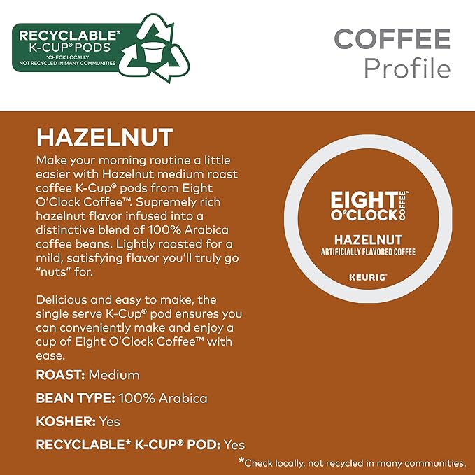 Eight O'Clock Coffee Hazelnut Single-Serve Coffee K-Cup Pods Medium Roast 60 Count