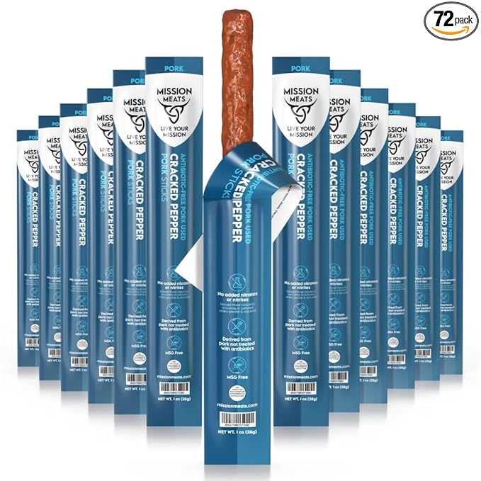 Mission Meats Pork Meat Sticks – Antibiotic Free Sugar Free Individually Wrapped AIP Friendly Delicious Healthy Snacks Paleo Whole 30 Cracked Pepper 1oz (72ct)