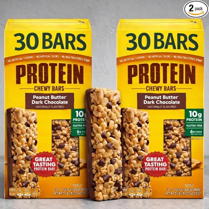 Protein Bars Peanut Butter Dark Chocolate – Bulk Family 2 Pack Chewy Snack Bars 60 Bars 10g Protein Gluten Free Energy Bars 1.42 oz Each (85.2 oz Total)