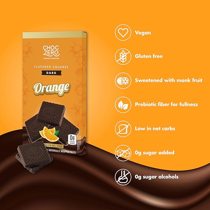 ChocZero Dark Chocolate Orange Squares Sugar Free Vegan Low Carb High Fiber Keto Friendly No Sugar Alcohols (4 Count 3.2oz Boxes)
