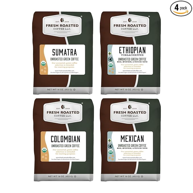 Fresh Roasted Coffee Unroasted Organic Explorer Home Roasting Starter Kit | USDA Organic Kosher | 4 one-pound bags