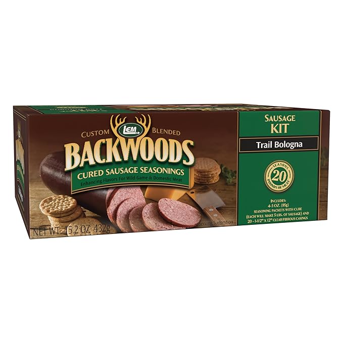 LEM Products Backwoods Trail Bologna Cured Sausage Seasoning Kit Ideal for Wild Game and Domestic Meat Seasons Up to 20 Pounds of Meat 15.2 Ounce Package with Pre-Measured Cure Packet Included