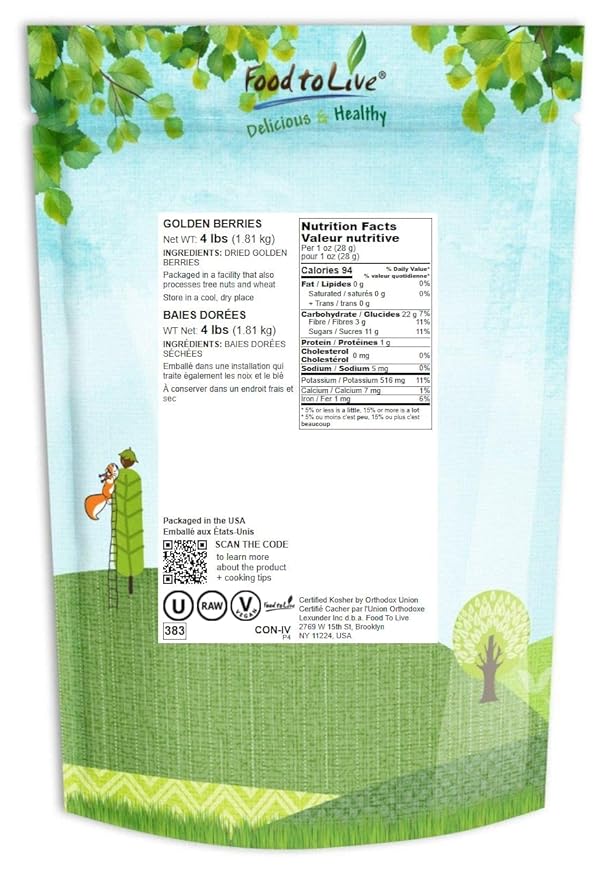 Food to Live Golden Berries 4 Pounds – Whole Dried Goldenberry Raw Unsweetened Unsulfured Kosher Ground Cherry Bulk. Rich in Vitamins A and C.