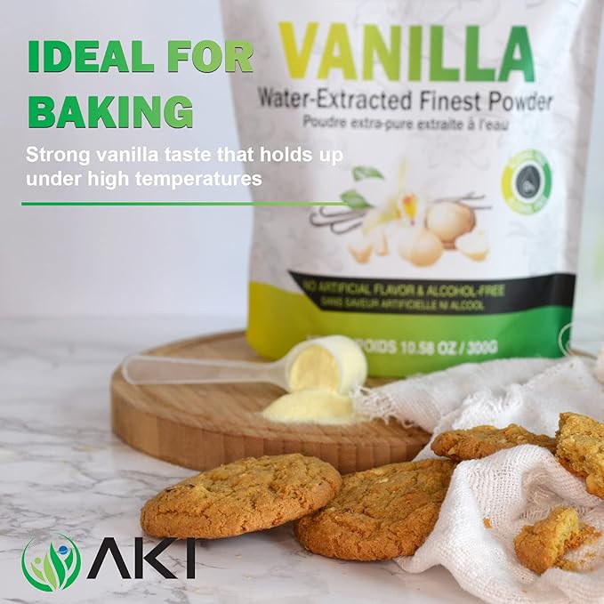 AKI Vanilla Extract Powder from Authentic Beans for Delicious Flavoring Cooking Baking Drinks Tea Coffee Smoothies Cocktails - Sugar-Free &amp Alcohol-Free (10.58OZ/300g)