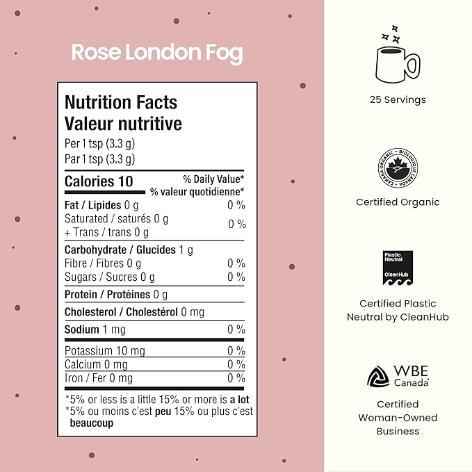 Blume Organic Rose London Fog Earl Grey Tea | Decaf Black Tea Rose Petal Powder Vanilla Tart Cherry and Bergamot | Plant Based Superfood Latte | Vegan Gluten Free Drink | 25 Servings