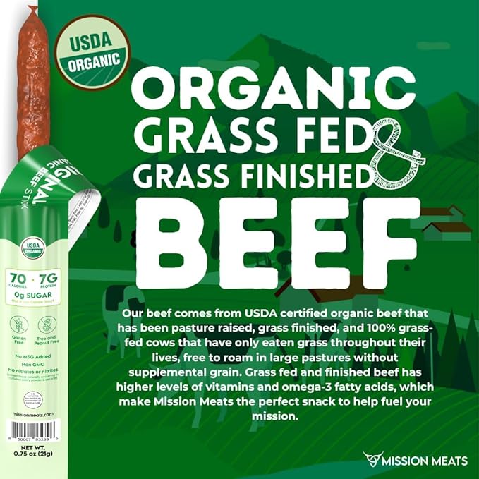 Mission Meats 100% Certified Organic Beef Sticks – Pasture-Raised Zero Sugar Non-GMO Healthy Individually Wrapped Meat Sticks Snack 0.75oz (24ct)