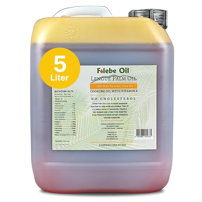 Folebe Oil 5L 100% Pure Natural Red Palm Oil – Authentic Cameroonian Palm Oil for Cooking – Cold-Pressed from Palm Pulp – Rich in Nutrients Carotenoids Natural Vitamin E