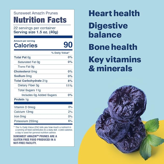 Sunsweet Amazin' Pitted Prunes - Dried Prunes Pitted Unsweetened - Gluten Free Vegan Low Fat - Fiber &amp Minerals - 2lb Resealable Bag x 3 Pack