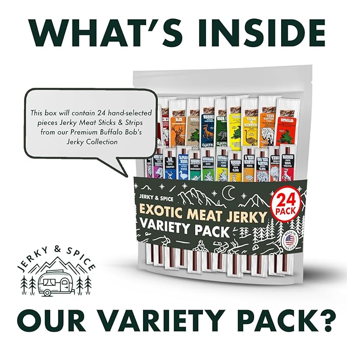 Buffalo Bob's Wild Game Meat Snacks (24 pack) | Beef Jerky Assortment Pack of Flavorful Strips &amp Sticks | Snacks Variety Pack for Adults | Exotic Jerky | Ideal Gifts for Anniversary Camping Hunt