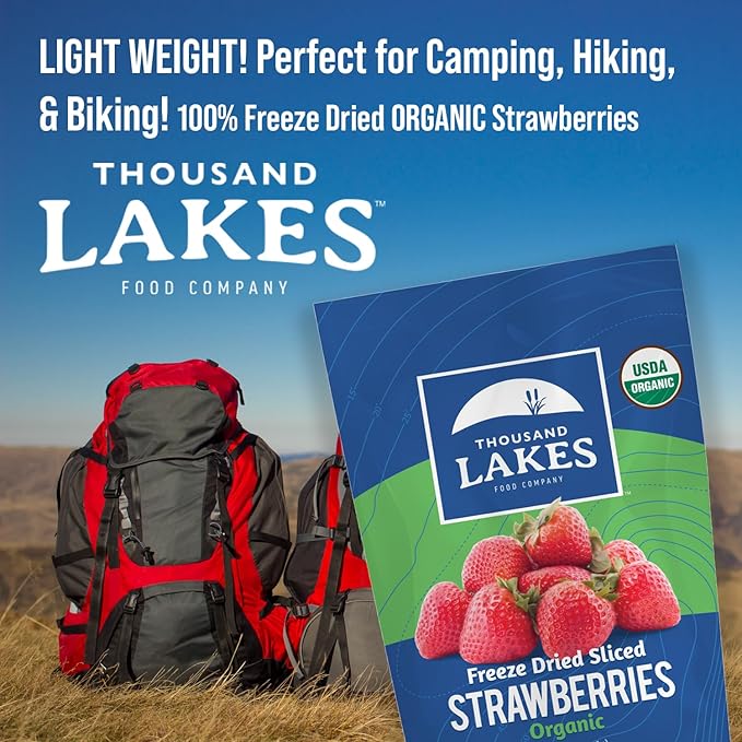 Thousand Lakes Freeze Dried Fruit - ORGANIC Strawberries 4-pack 1.1 ounces (4.4 ounces total) | No Sugar Added | 100% Sliced Organic Strawberries