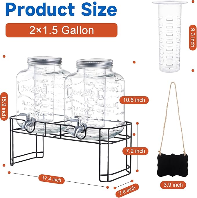 1.5 Gallon Glass Drink Dispensers for Parties 2PACK Beverage Dispenser with Stand Ice Cylinder and Stainless Steel Spigot 100% Leakproof Beverage Dispenser for Lemonade Sun Tea