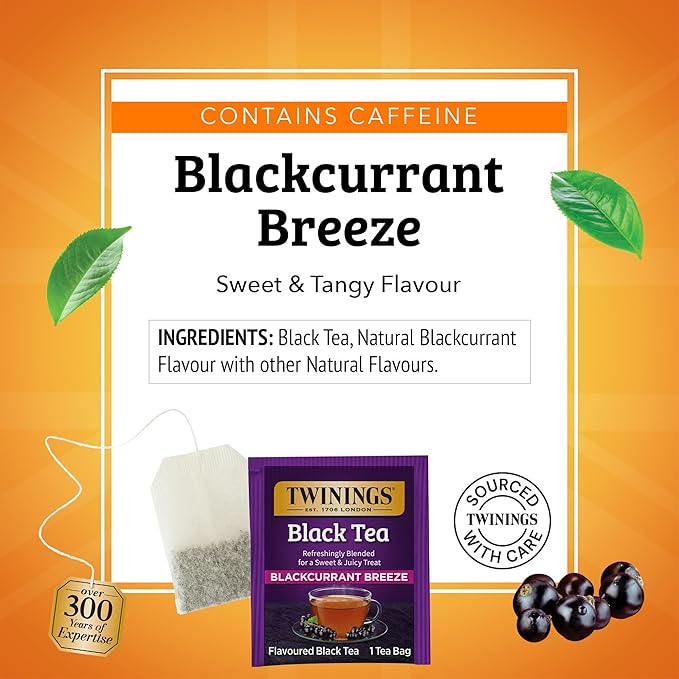 Twinings Blackcurrant Breeze Black Tea Individually Wrapped Bags 100 Count (Pack of 1) Sweet Tangy Taste Caffeinated Enjoy Hot or Iced 100 Teabags