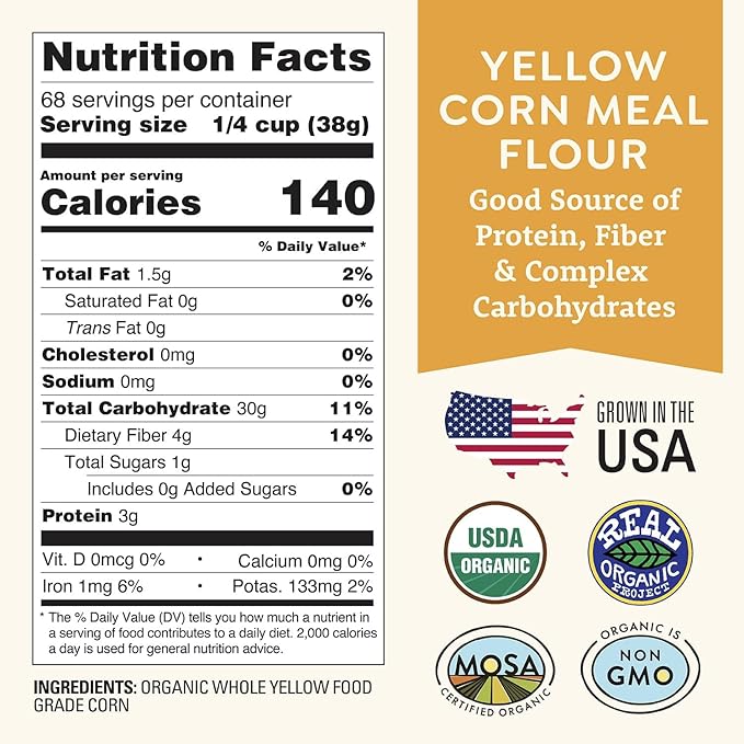Organic Yellow Cornmeal 5 lb Fine Grind - Non-GMO Gluten-Free Sugar-Free Farmed From Regenerative Soil Vegan Grown In USA For Baking Cornbread Muffins Pancakes and More by Doudlah Farms