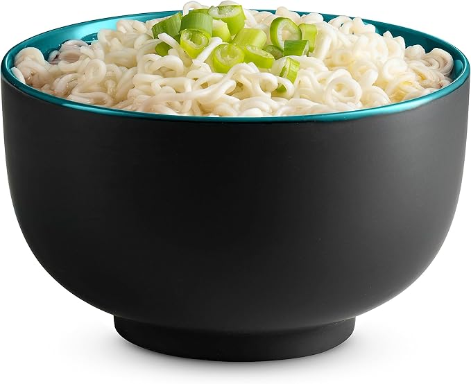 KooK Ramen Bowl Japanese Bowls Noodle Bowls Large Soup Bowl Ceramic Large Capacity For Ramen Pho Udon Soba Microwave and Dishwasher Safe 34 oz Set of 4 (Black/Teal)